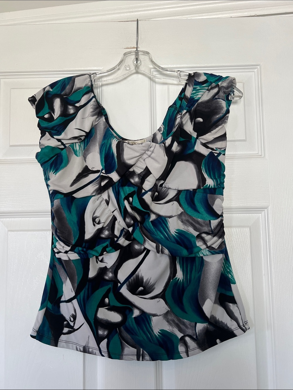 cleo Teal Black White Floral Twist-Front Blouse